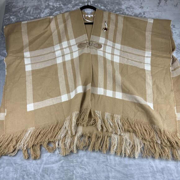 Charter Club Poncho Shawl Women's One Size‎ Tan/Cream Plaid Throw Fox Pin (0806) - Picture 2 of 10